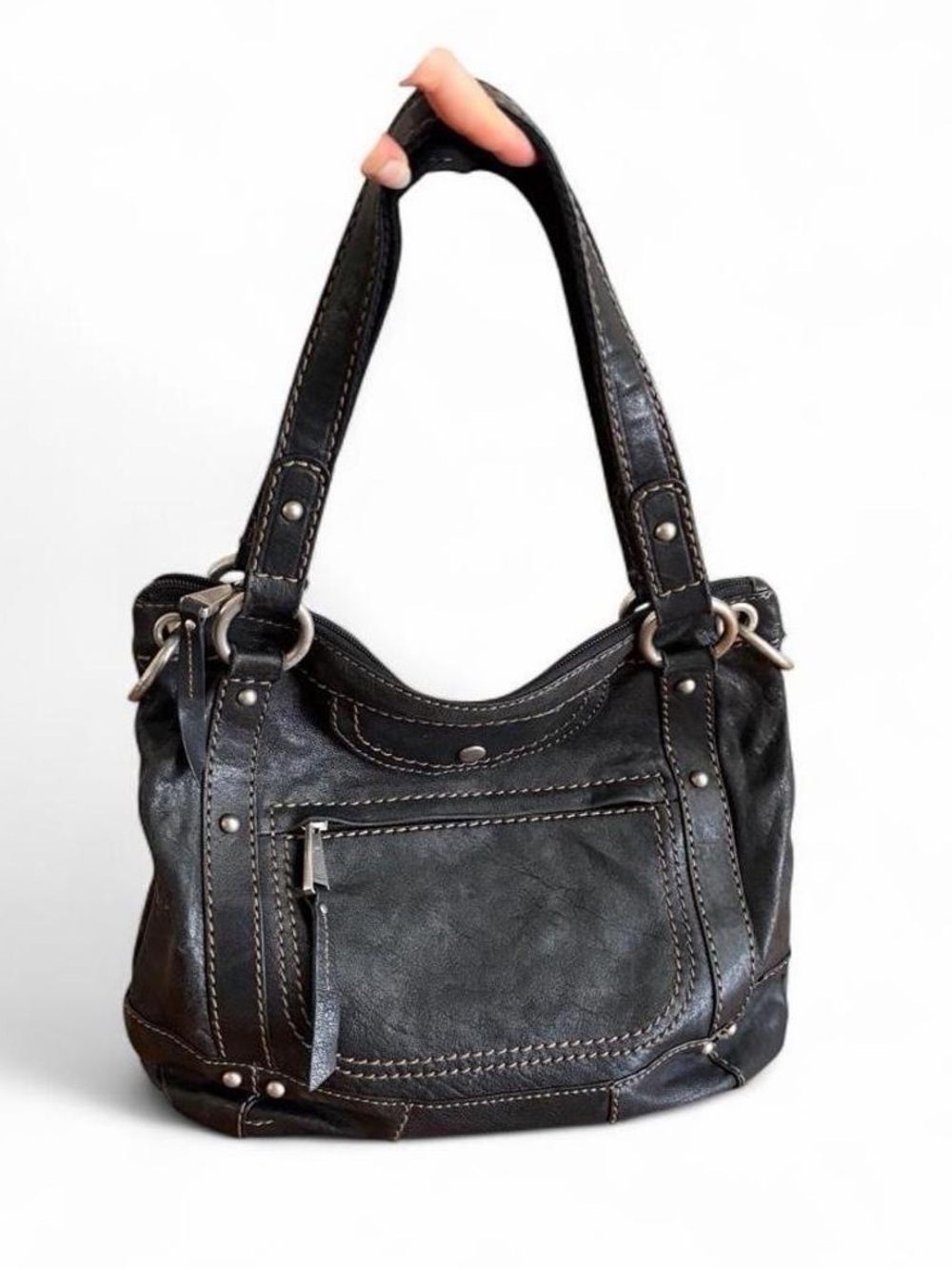 Vintage Y2K Fossil black leather bag slouchy shoulder purse chunky hardware hobo